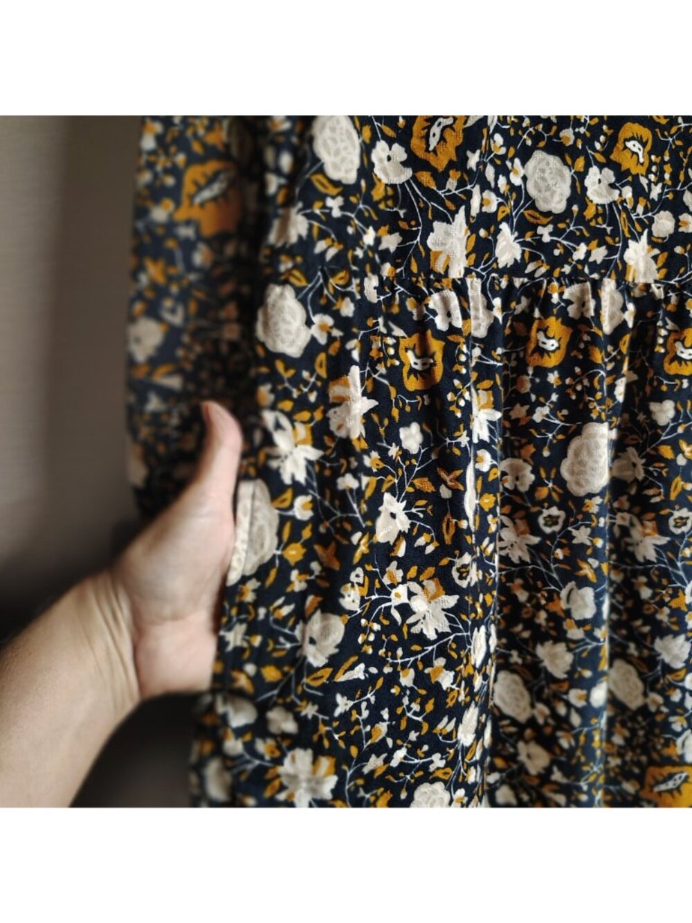 Floral Smocked Prairie Midi Dress Navy Yellow Boho Pockets Medium - Picture 6 of 9